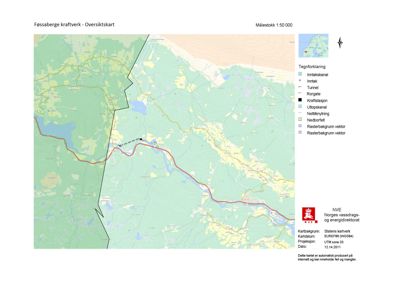 Oversiktskart over Føssaberge kraftverk med topografisk bakgrunn, infrastruktur (veier, kanaler, tunnel) og tegnforklaring.