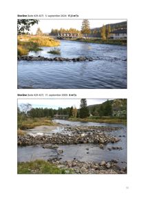 Fotografier av elva Storåne med vannføring fra 2009 og 2024.