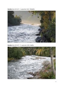 Fotografier av elva Storåne med vannføringsoverskrifter for to ulike datoer.