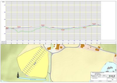 Situasjonsplan som viser tomtens terrengforhold (konturlinjer), bygningers plassering, veier og en detaljert profil over høydekurver langs en linje.