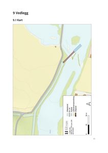 Et kart som viser et utvalgt område med vann, land og infrastruktur (veier/bruer). Kartet inneholder en nøkkel (utleieplan, dyphol, lokalsamfunnsordning) og en skala.