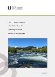 Fotografi av Føssaberge kraftverk og elv, inkludert logo og tittel.