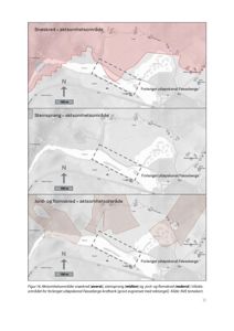 Situasjonskart som viser aktsomhetsområder (snøskred, steinsprang, jord- og flomsikring) i forhold til en forlenget utløpskanal.