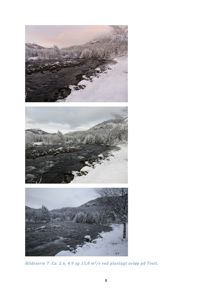 Fotografier av en elv med snødekte trær og bakker, illustrerende planlagt avløp på Tveit.