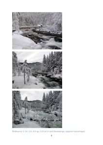 Fotografisk bilde (billedserie) av en elv i snø, med tekstbeskrivelse om vannføring ved Føssaberge.