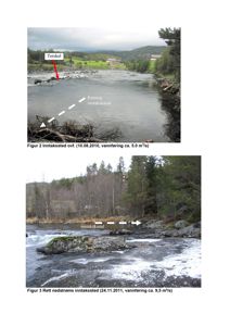 Fotografier av et inntakssted i en elv, med markeringer for terskel og inntakskanal.