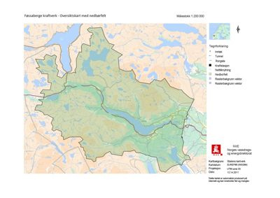 Oversiktskart over Føssaberge kraftverk med nedbørfelt, inkludert tegnforklaring og kartdata.