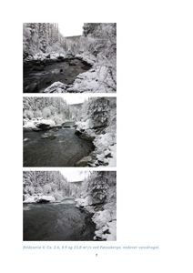 Bildeserie som viser et vassdrag (Føssaberge) i vinterforhold med snødekte trær og steiner.