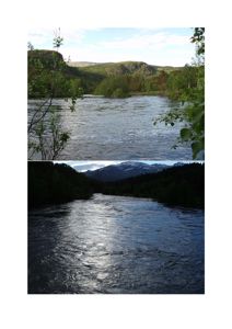 Fotografier av et naturområde med elv, skog og fjell, sannsynligvis fra et byggeprosjekt.