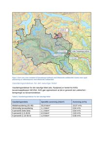 Et kart som viser nedbørsfeltet og inntak til Fossaberg kraftverk, samt en tabell med vannføringsindekser.