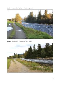 Fotografier av elva Storåne tatt i 2024 og 2009, som viser vannføring og elvebredd.