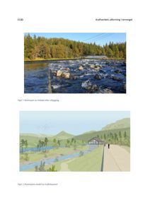 Bildet inneholder to illustrasjoner (renderinger) av et kraftverk i terrenget: øverst en fotorealistisk illustrasjon av inntaket etter utbygging, og nederst en illustrasjonsmodell av kraftstasjonen sett fra utsiden.