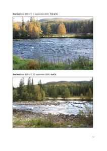 To fotografier av elva Storåna tatt i 2024 og 2009, som viser vannføring og omgivelsene.