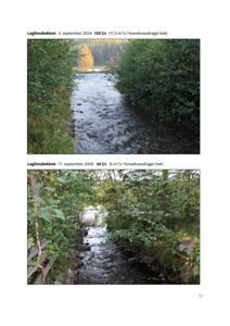 Fotografier av Laglimsbekken fra 2024 og 2009 med målte vannføringer.