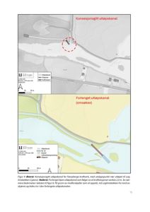 Situasjonsplaner som viser to alternativer for utløpskanal fra en kraftstasjon til en bekke. Øverste del viser en konsesjonsgitt løsning, nederste del viser en forlenget løsning som er omsøkt.