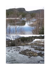 To foton som viser et naturområde med elv, skog og fjell i bakgrunnen.