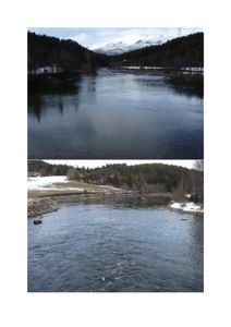 Fotografier av et naturområde med elv, skog og fjell.