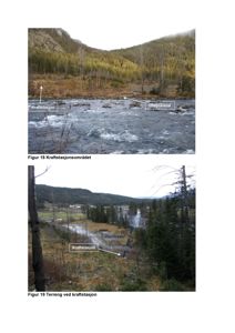 To fotonummeret Figur 18 og Figur 19 som viser kraftstasjonsområdet og terrenget ved kraftstasjonen med markerte utløpskanaler.