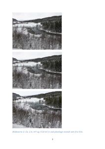 Bildeserie som viser en elv i vinterlandskap sett fra E16, med tekstbeskrivelse under.