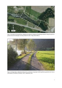Bildet viser to bilder fra en rapport. Øverst er et flyfoto (satellittbilde) av et område med en kanal og en vei, med en hvit rektangel som markerer et område. Nederst er et fotografi av en vei som løper langs en kanal eller vann, med skog og mark i bakgrunnen.