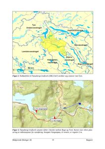 Bildet viser to kart som illustrerer nedbørfelt og topografi knyttet til Fossaberge kraftverk.