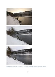 Fotografisk bilde (billedserie) som viser en elv (Fiskeslæ) i vinterforhold, med tekstbeskrivelse om vannføring ved et planlagt inntak.