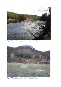 Fotografier av et elvestrekning og et kraftstasjonsområde med markerte punkter som utløpskanal, eiendomsgrense og erosjonssikring.