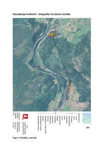 Ortofoto med overlagte tegninger som viser Føssaberge kraftverk, inkludert eksisterende og nye anlegg.
