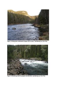 To fotografier av et elveløp i en fjellområde, med beskrivende tekster om vannføring og dato.