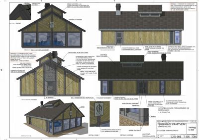 3D-visualisering av fasader og perspektiv for en bygning med detaljeringsnotater.
