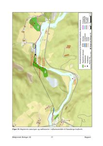 Situasjonsplan eller kart som viser geografisk plassering av naturtyper og rødlistearter i et influenssområde for Fossaberge kraftverk.