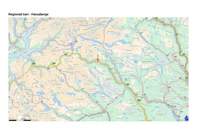 Et regionalt kart over Føssaberge med en markert rute og et rødt piltegn som peker på en spesifikk lokasjon.