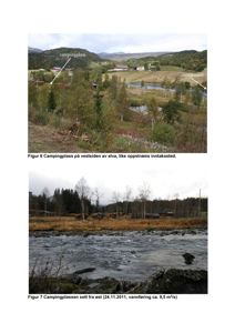 Fotografier av en campingplass og elv med annotasjoner om inntakssted og vannføring.