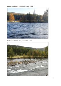 Fotografier av elva Storåne tatt i 2024 og 2009, sannsynligvis for å dokumentere vannføring eller miljøforhold.