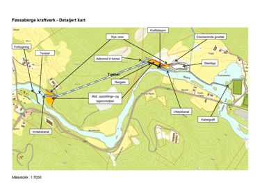 Et detaljert kart over Føssaberge kraftverk som viser topografi, infrastruktur og bygningers plassering.