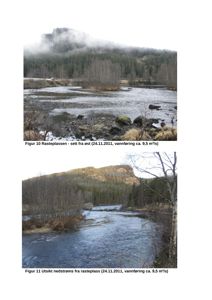To fotografier av en elv og et naturområde, merket som figur 10 og 11 i en rapport.