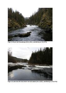 Fotografier av elvestrømning og fosser ved Føssaberge og Liten, tatt 24.11.2011.