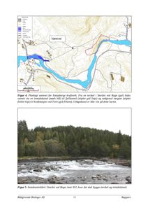 Bildet viser en situasjonsplan (Figur 4) som illustrerer planlagt vannvei for Føssaberge kraftverk, inkludert terrengforhold, vannløp og infrastruktur. Under planen er det også inkludert et fotografi (Figur 5) av inntaksområdet.