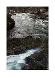 To fotografier av et elveløp med raskt vann, steiner og skogkledde bredder.