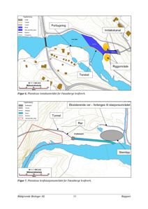 Bildet viser to planskisser (Figur 6 og 7) som illustrerer inntaksområdet og kraftstasjonsområdet for Føssaberge kraftverk, inkludert topografi, infrastruktur og områder.