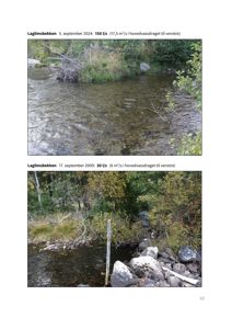 Fotografier av Laglimsbekken tatt i 2024 og 2009, med angitt vannføring.
