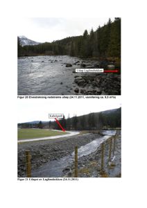 Fotografier av elvestrekning og utløp av Laglimsbekken med markeringer.