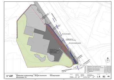 Situasjonsplan som viser tomtens form, grenser, høydemål, og plassering av bygninger i forhold til omgivelsene.