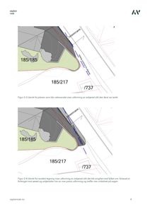 Situasjonsplaner som viser to alternativer for utforming av avkjørsel og fortauet i forhold til naboeiendommer (185/185, 185/217, 1737).