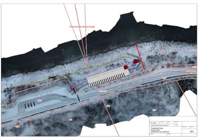 Situasjonsplan som viser eksisterende og ny parkering med overlappende flyfoto.