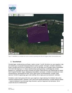 Satellittfoto av et område (Nupen, Harstad) med overlagte polygoner og kartdata, inkludert tekst om grunnforhold.