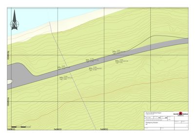 Situasjonsplan som viser terrengform (konturlinjer), en vei, og et punkt med koordinater (7638700, 543850).