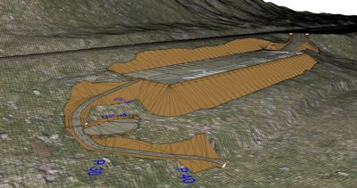 3D-situasjonsplan som viser bygningens plassering i terrenget, inkludert terrengform, vei (P30, P40) og bygningens volum.