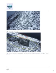Fotografier (fra luft) av et snødekt landskap med en bygning (Nupen) og omgivende skog, med annotasjoner om parkeringsplass og granskog.