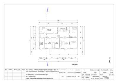 Etasjeplan (1. etasje) som viser romfordeling, dimensjoner og areal for en leilighet.